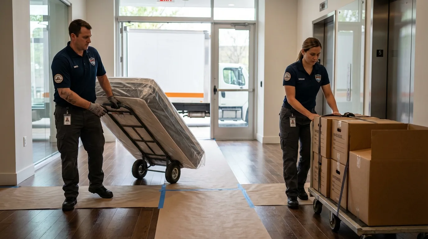 Professional apartment movers loading elevator in West Dennis, MA