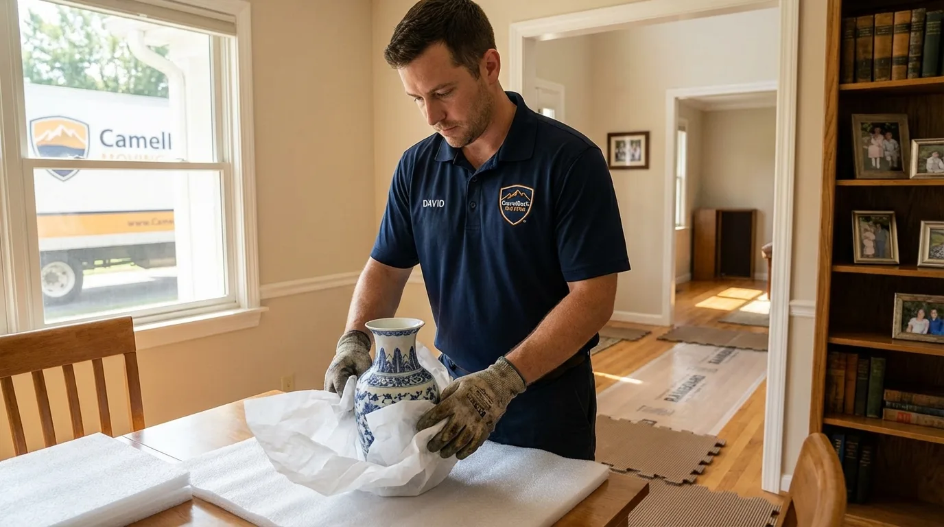 Professional crew carefully wrapping antique vase for senior downsizing move in West Dennis, MA