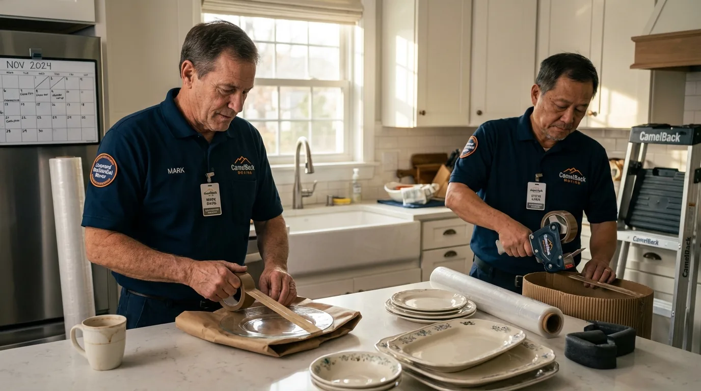 Professional crew packing kitchen dishware in West Dennis, MA